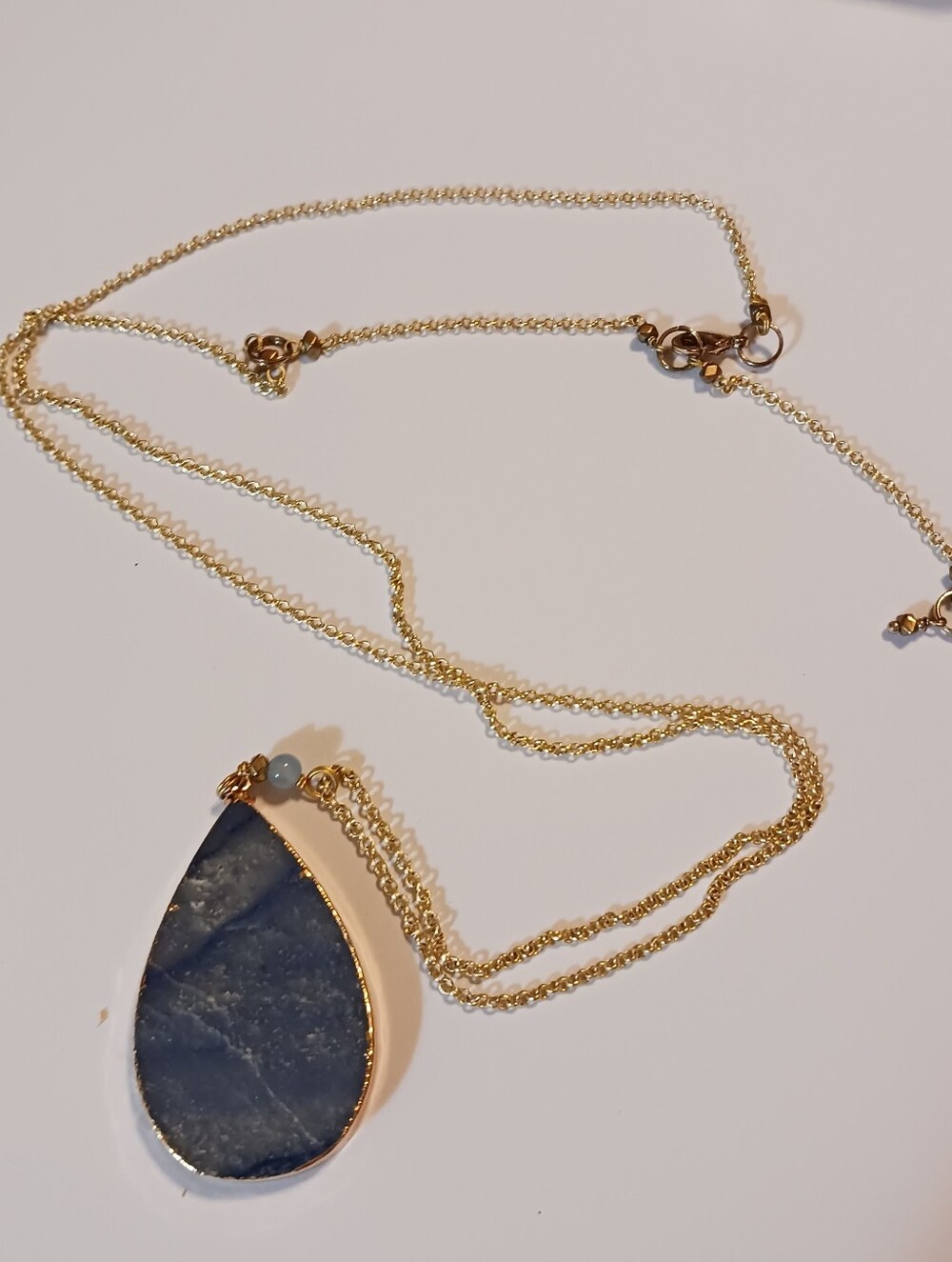 NWOT Blue Quartz Pendant On 36-Inch Gold Chain